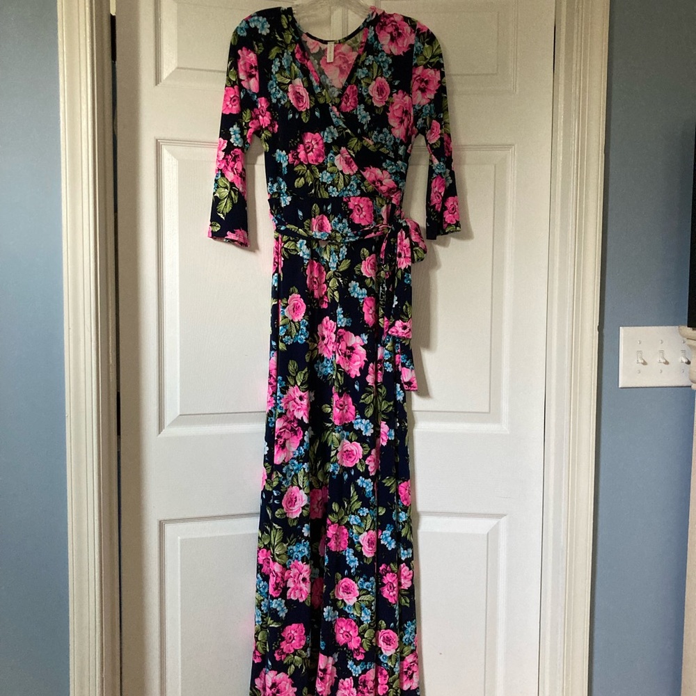 PinkBlush Maternity navy wrap maxi dress with pink floral pattern - Large